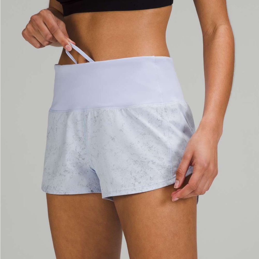 Lululemon Speed Up Mid Rise Lined Short 4 Inch in Gravel Dust pastel blue multi